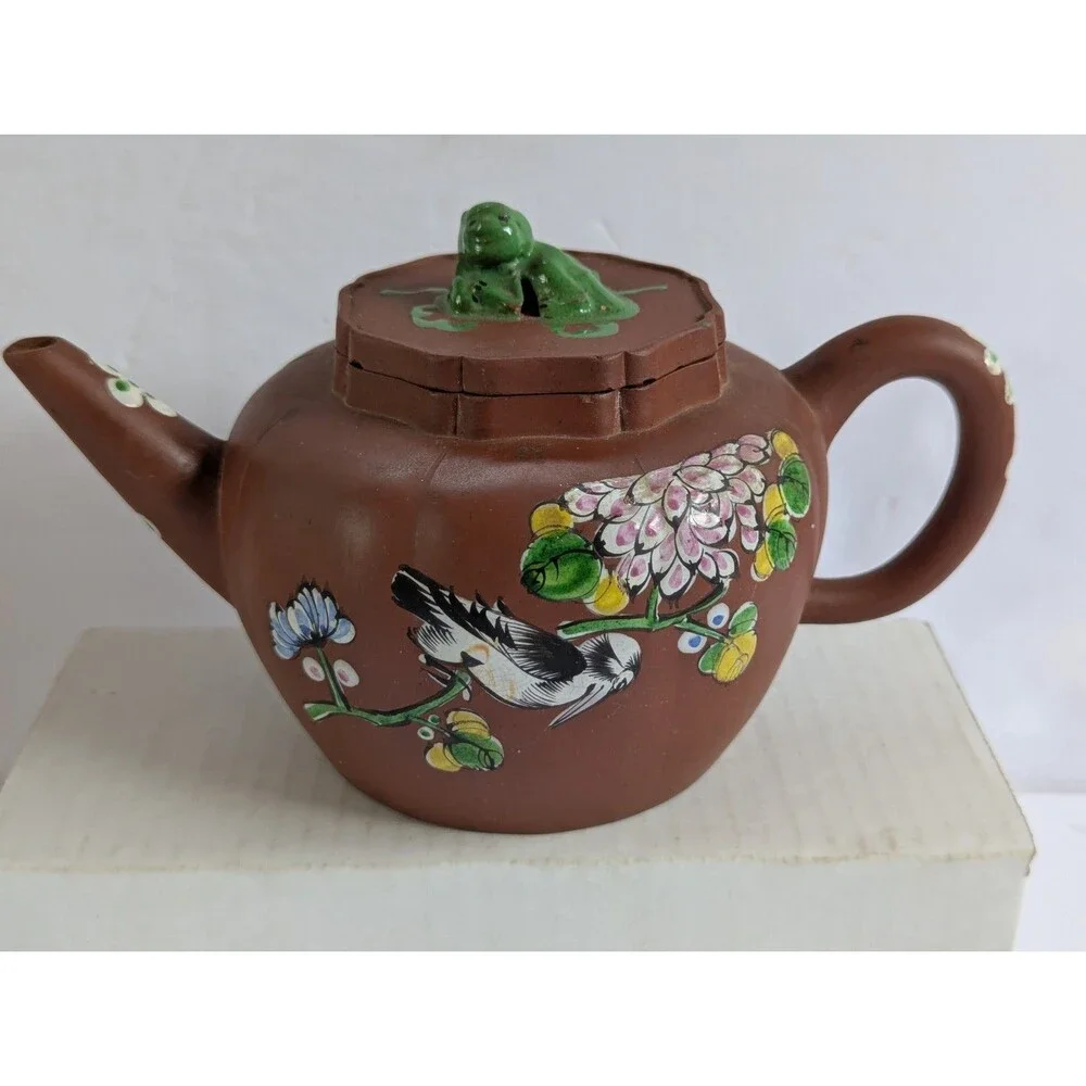 Vtg Yixing Zisha Clay Teapot W/ Enamel Floral & Bird Design 5